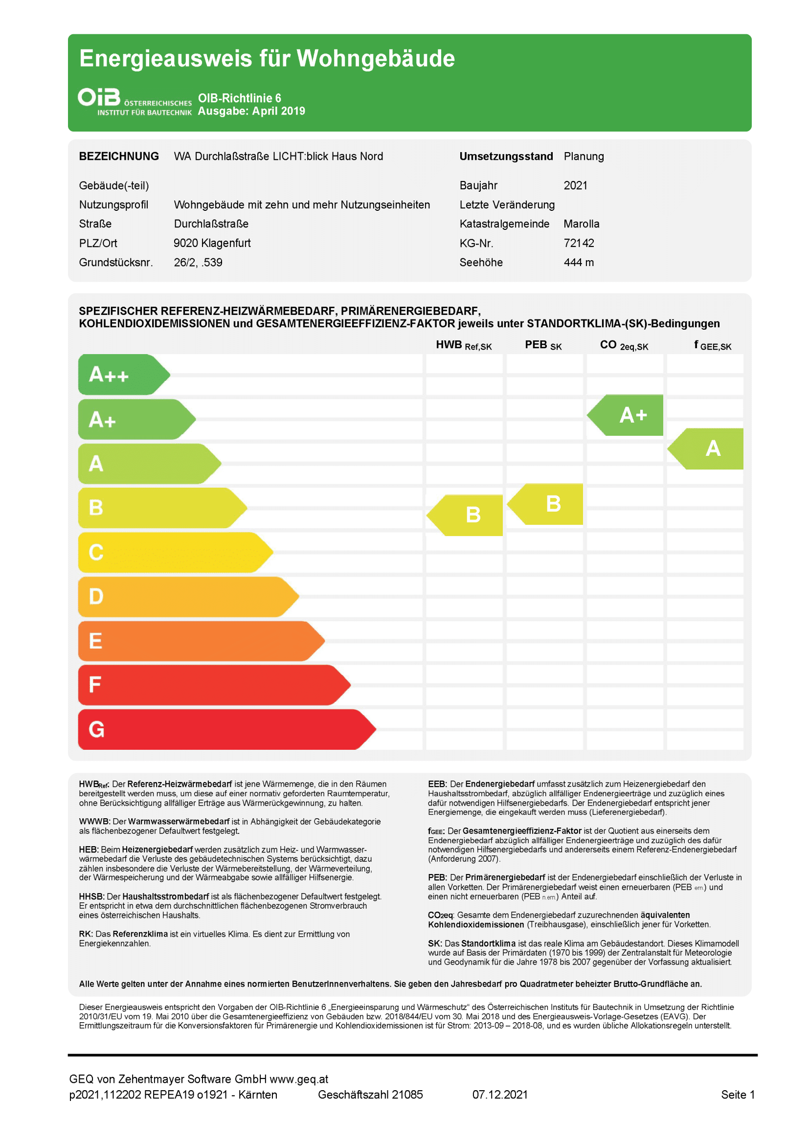Deckblatt des Energieausweises für LICHT:blick Haus Nord mit farbiger Klassen-Skala