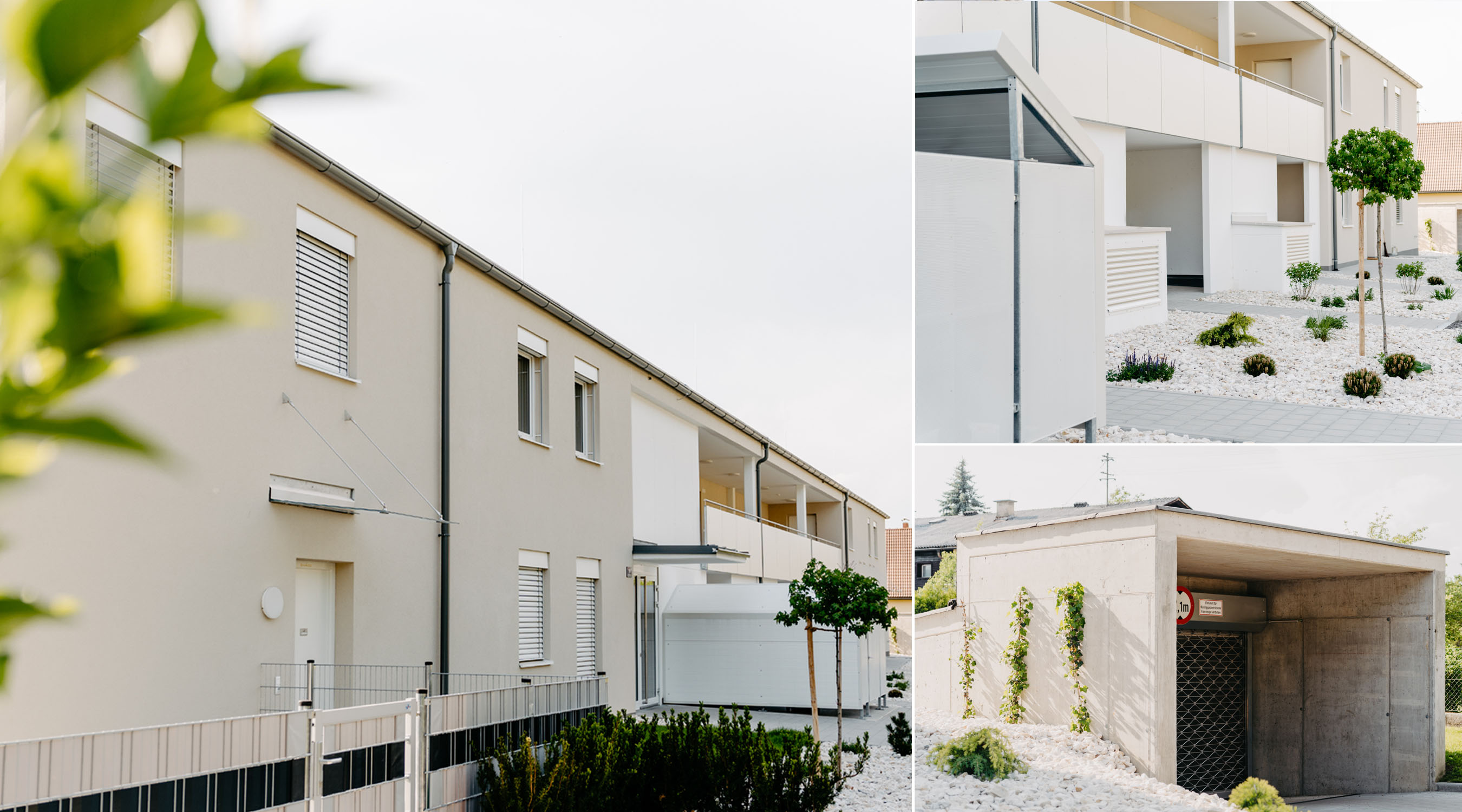 Projekt EDEL:Weiß: helle Wohnhauszeile mit Vordächern, Tiefgaragenzufahrt und neu bepflanzten Vorgärten