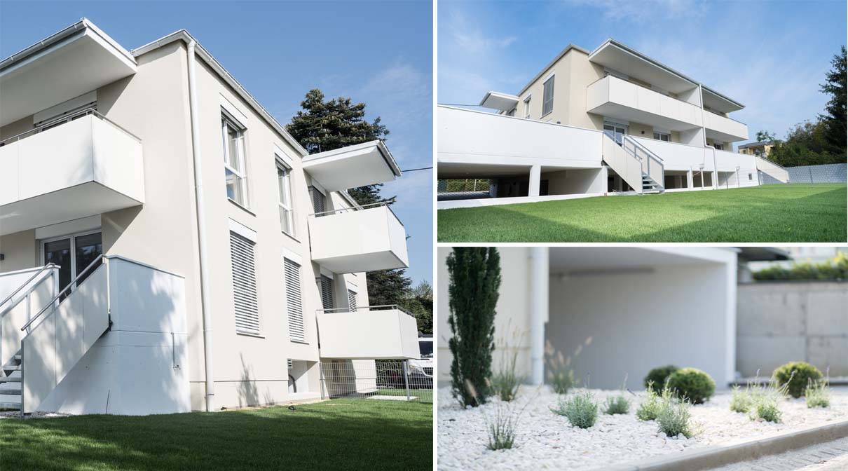 Projekt WIEGELE:Gasse: Wohnhaus mit versetzten Balkonen, Pultdach und angelegter Gartenfläche