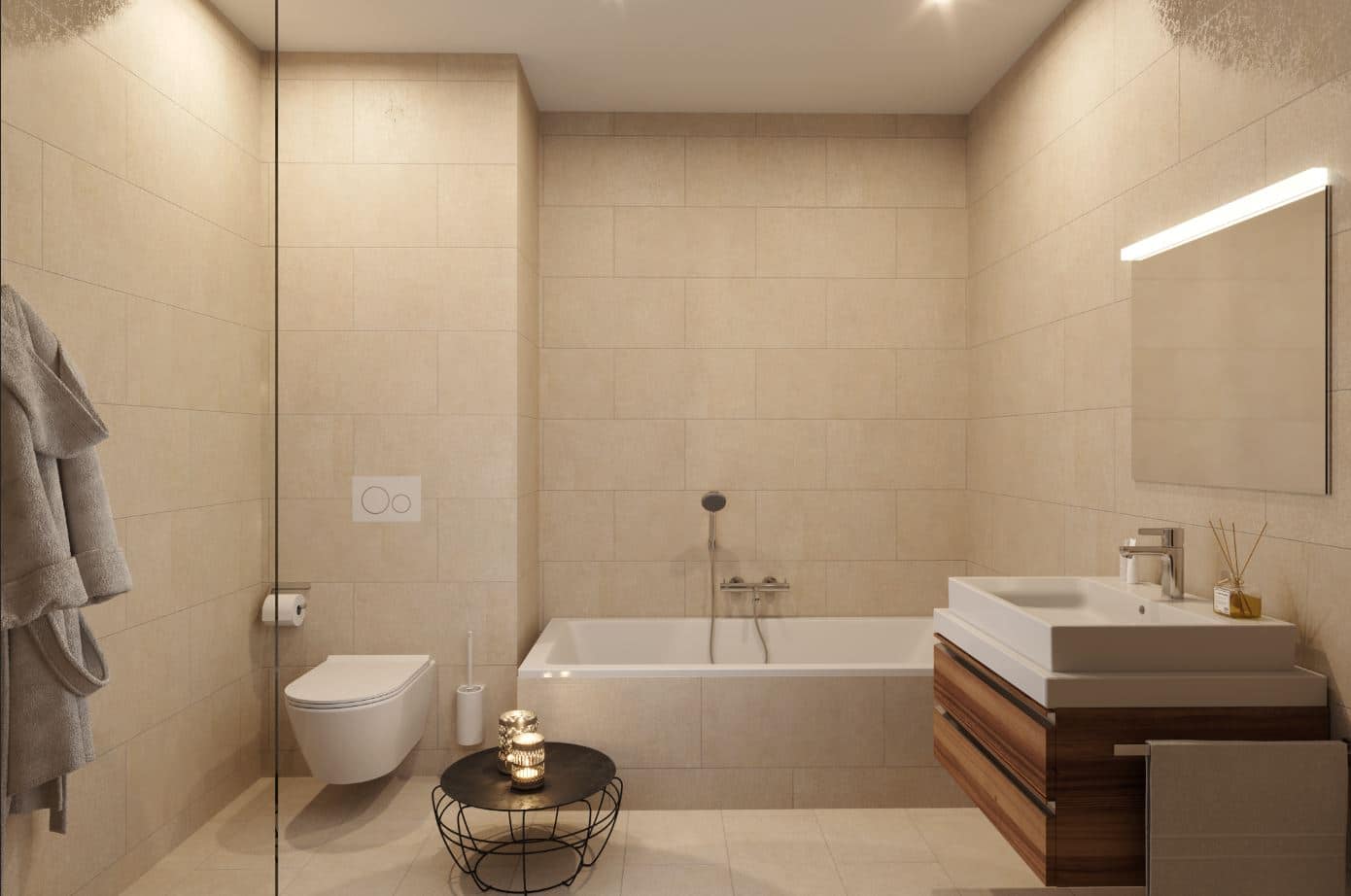 Rendering eines Badezimmers mit eingebauter Badewanne, Wand-WC hinter Glastrennwand und Waschtisch auf Nussholz