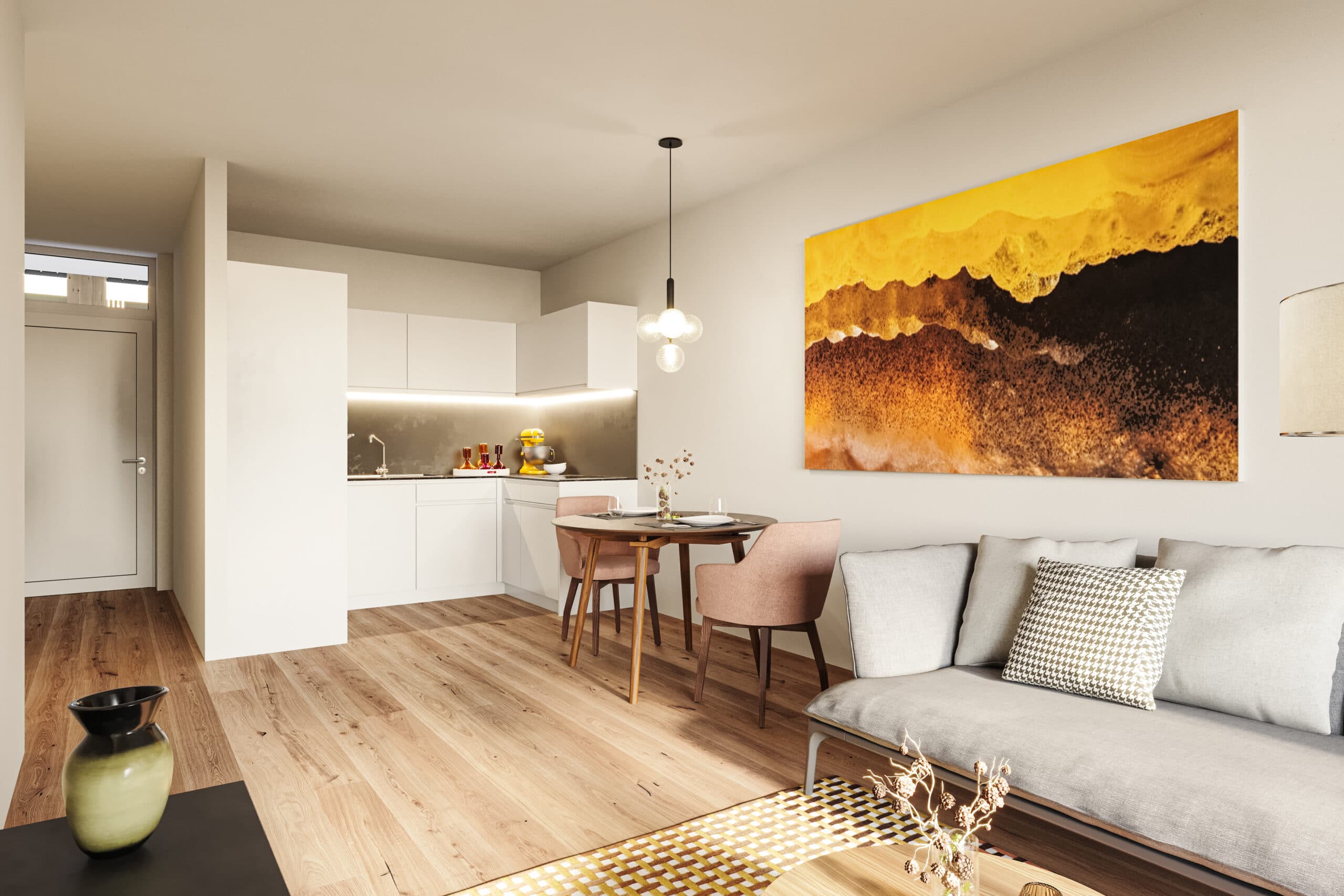 Rendering eines Wohn- und Essbereichs im Projekt LICHT:blick: offene Küche, Esstisch und Sofa auf Echtholzparkett