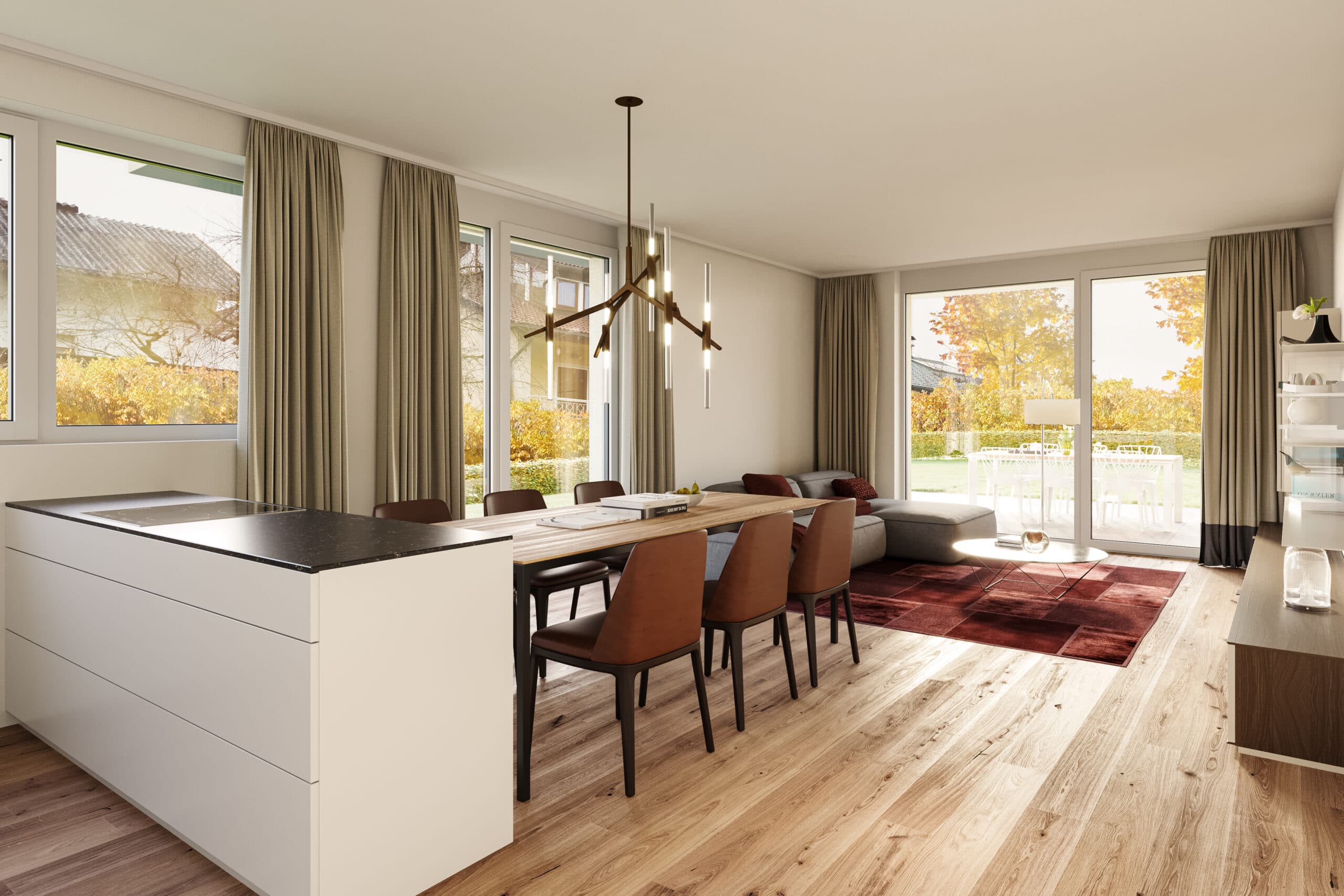 Rendering einer offenen Wohnküche mit Kücheninsel und Blick auf die Terrasse