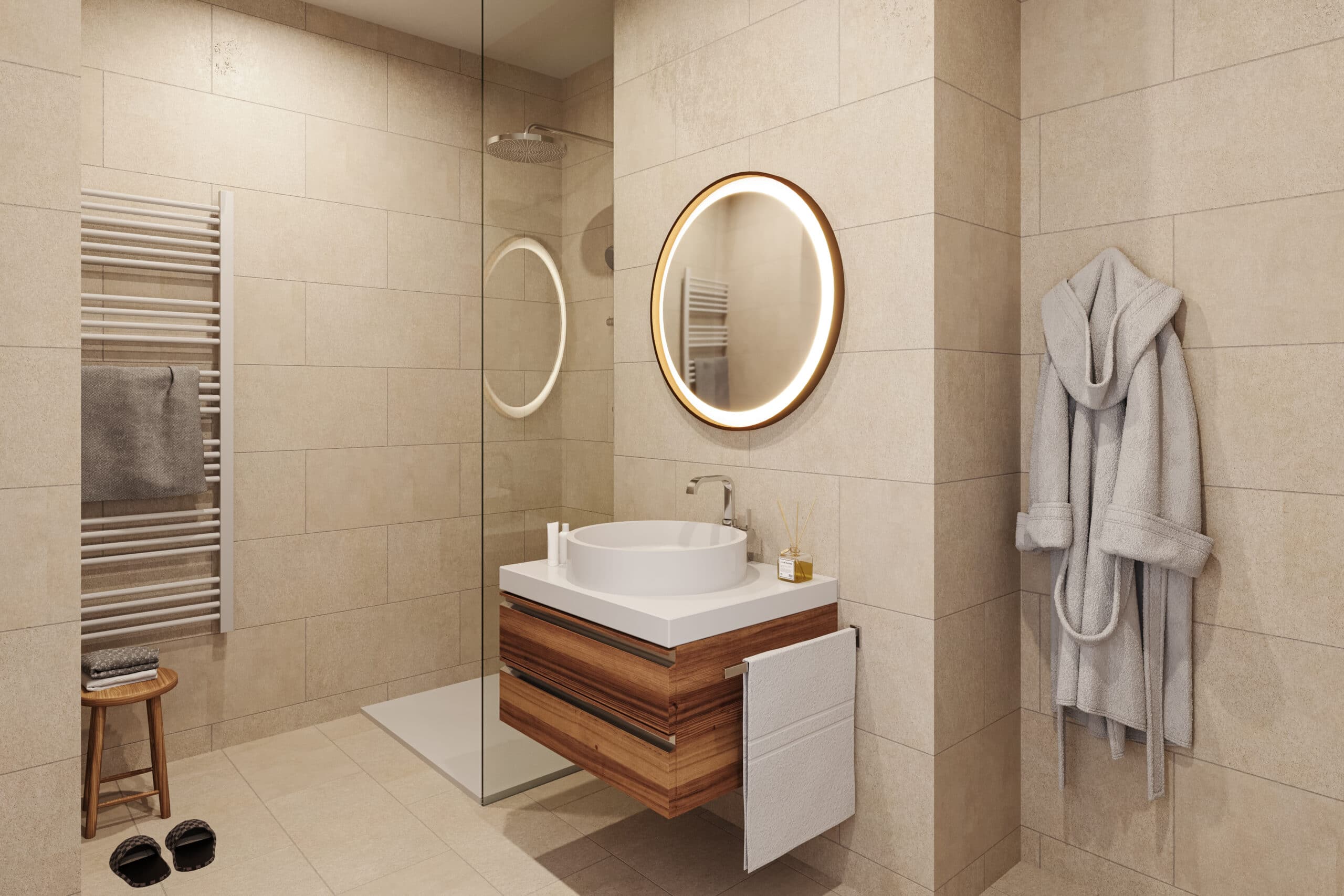 Rendering eines Badezimmers mit bodengleicher Dusche, rundem beleuchtetem Spiegel und Holz-Waschtisch
