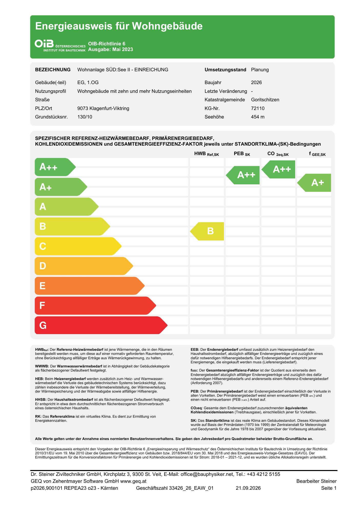 Deckblatt des Energieausweises für SÜD:See mit farbiger Klassen-Skala: HWB Klasse B, fGEE Klasse A+