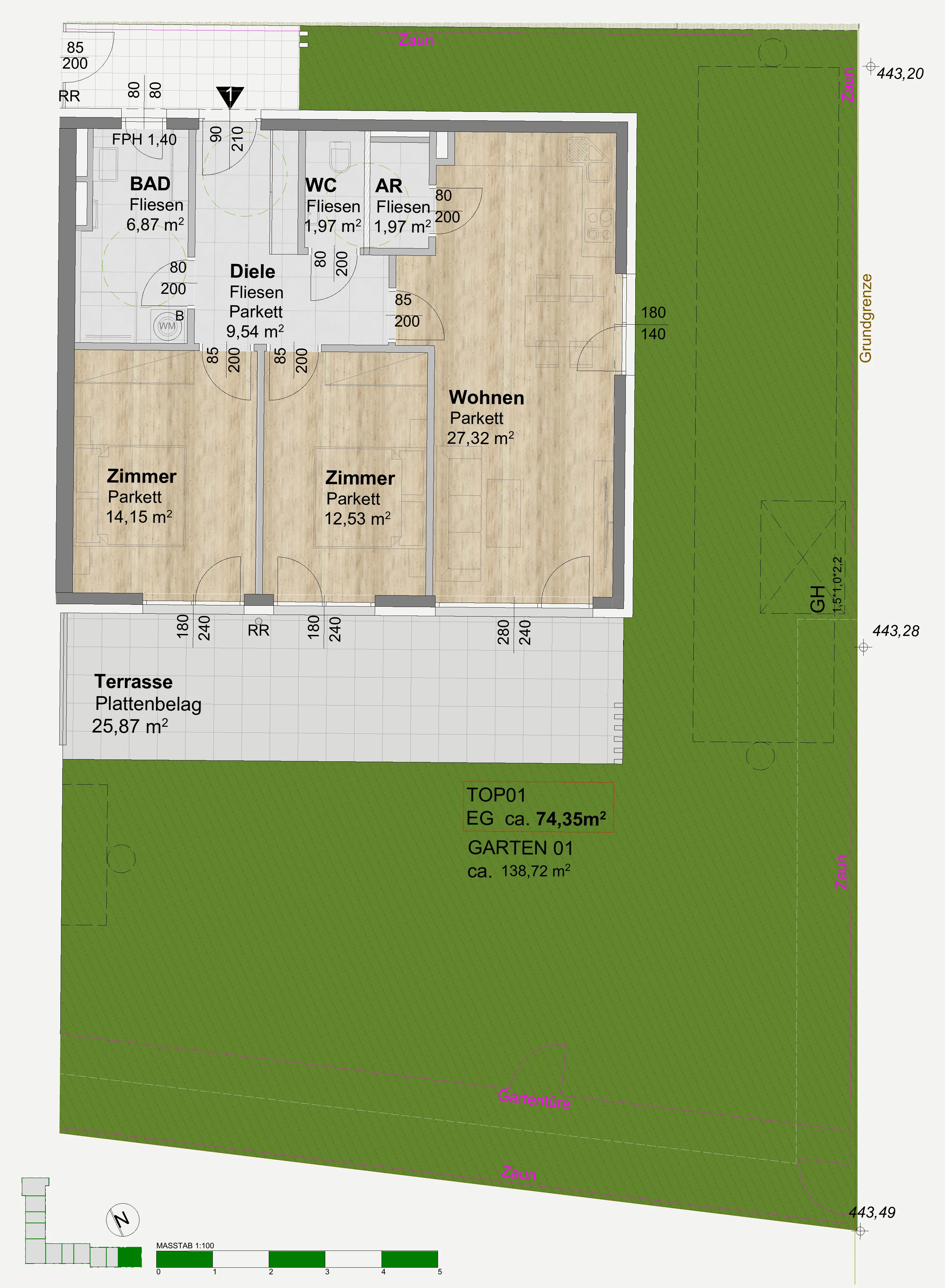 Grundriss Top 01, 3 Zimmer Gartenwohnung im Erdgeschoss mit Terrasse und Garten, Maßstab 1:100