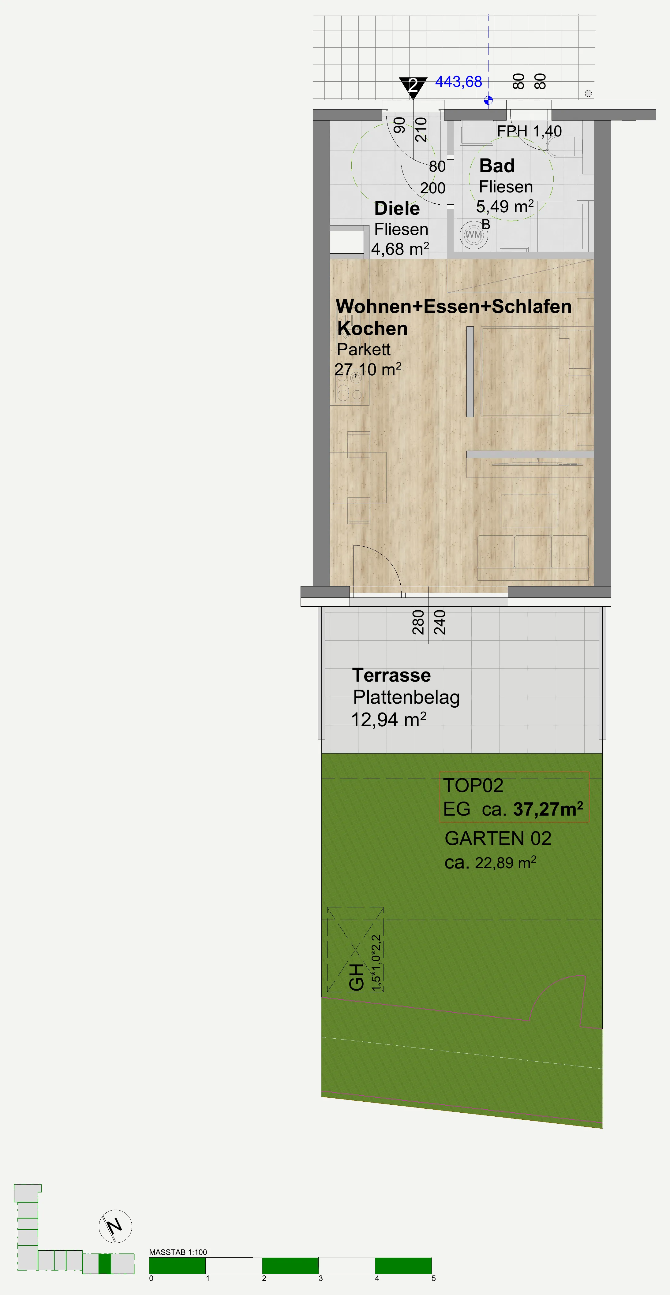 Grundriss Top 02, 1 Zimmer Gartenwohnung im Erdgeschoss mit Terrasse und Garten, Maßstab 1:100