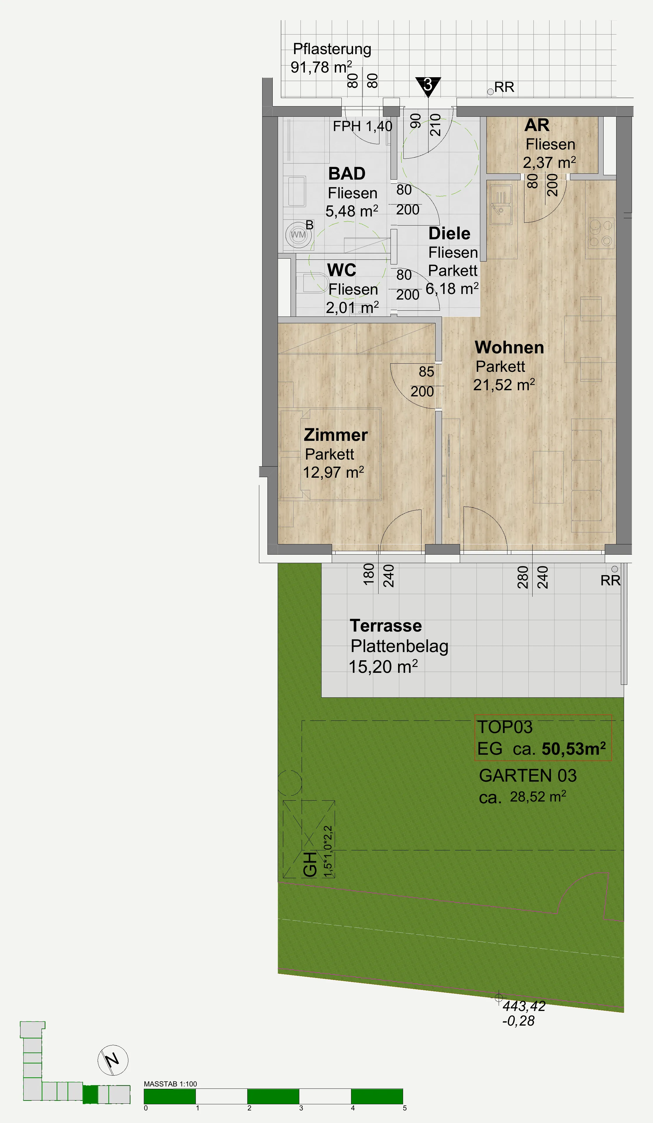 Grundriss Top 03, 2 Zimmer Gartenwohnung im Erdgeschoss mit Terrasse und Garten, Maßstab 1:100