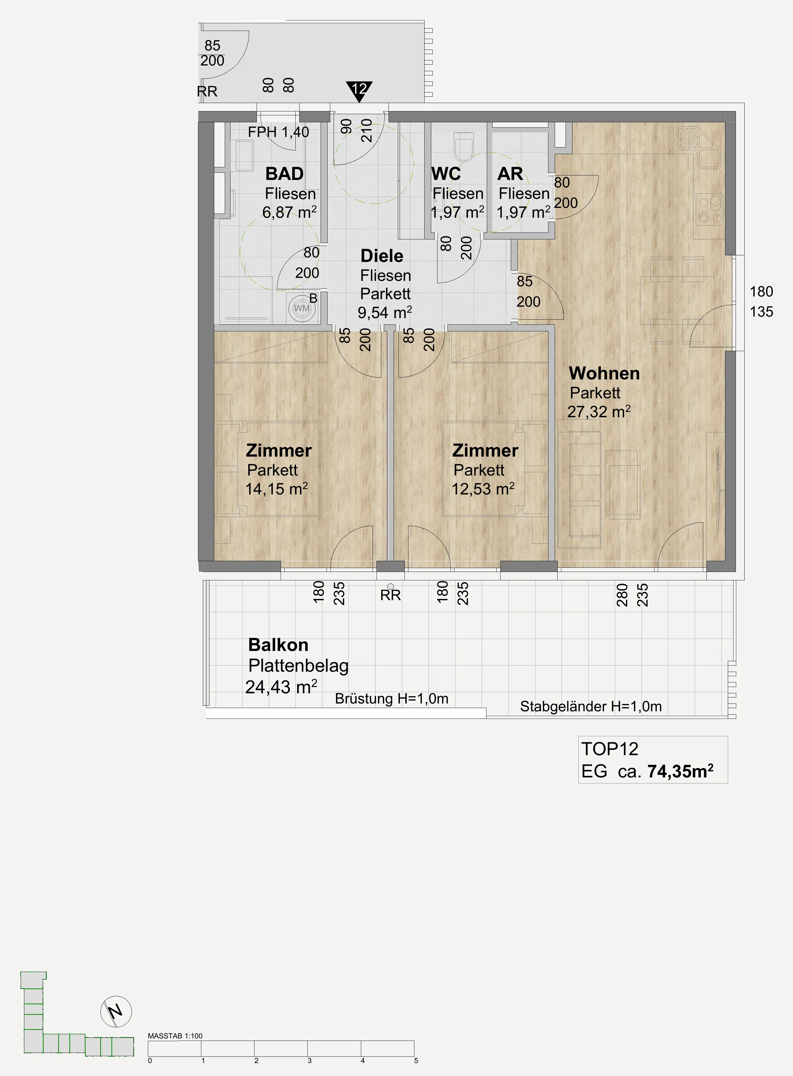 Grundriss Top 12, 3 Zimmer Wohnung im Obergeschoss mit Balkon, Maßstab 1:100