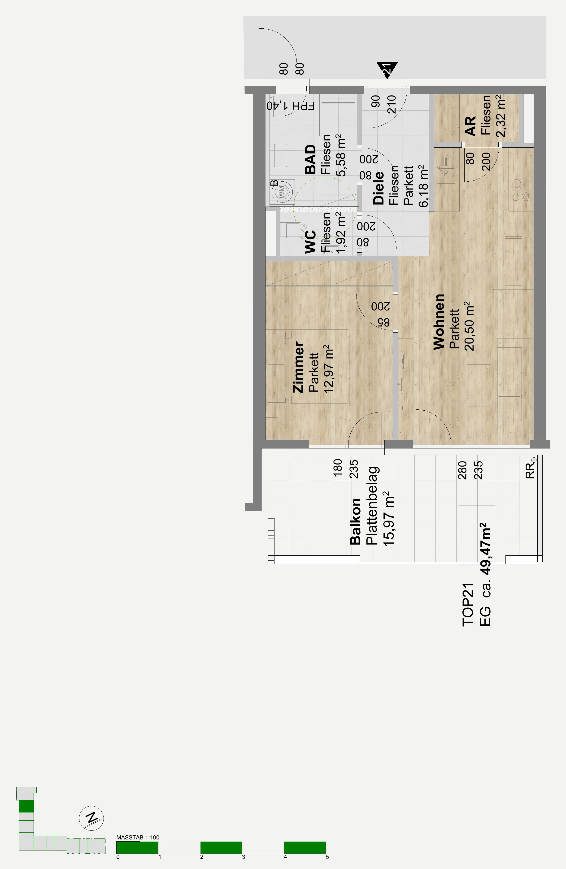 Grundriss Top 21, 2 Zimmer Wohnung im Obergeschoss mit Balkon, Maßstab 1:100