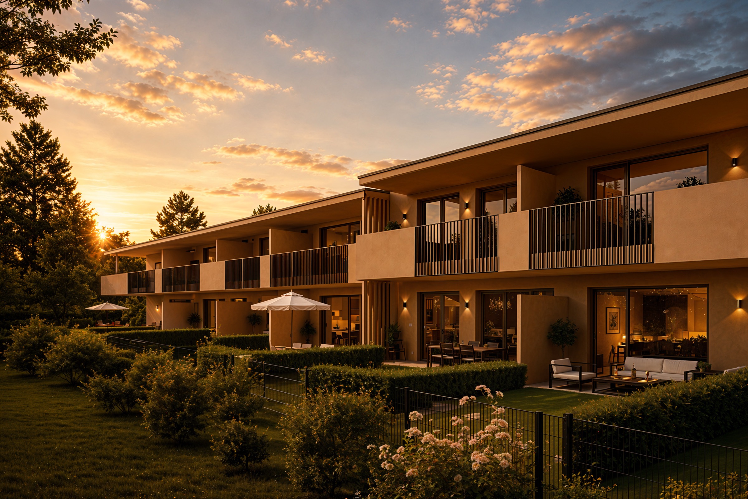 Rendering des Wohnprojekts SÜD:See bei Sonnenuntergang: zweigeschoßiges Wohngebäude mit beleuchteten Fenstern, Balkonen und Terrassen mit Gartenmöbeln, davor Hecke und Zaun