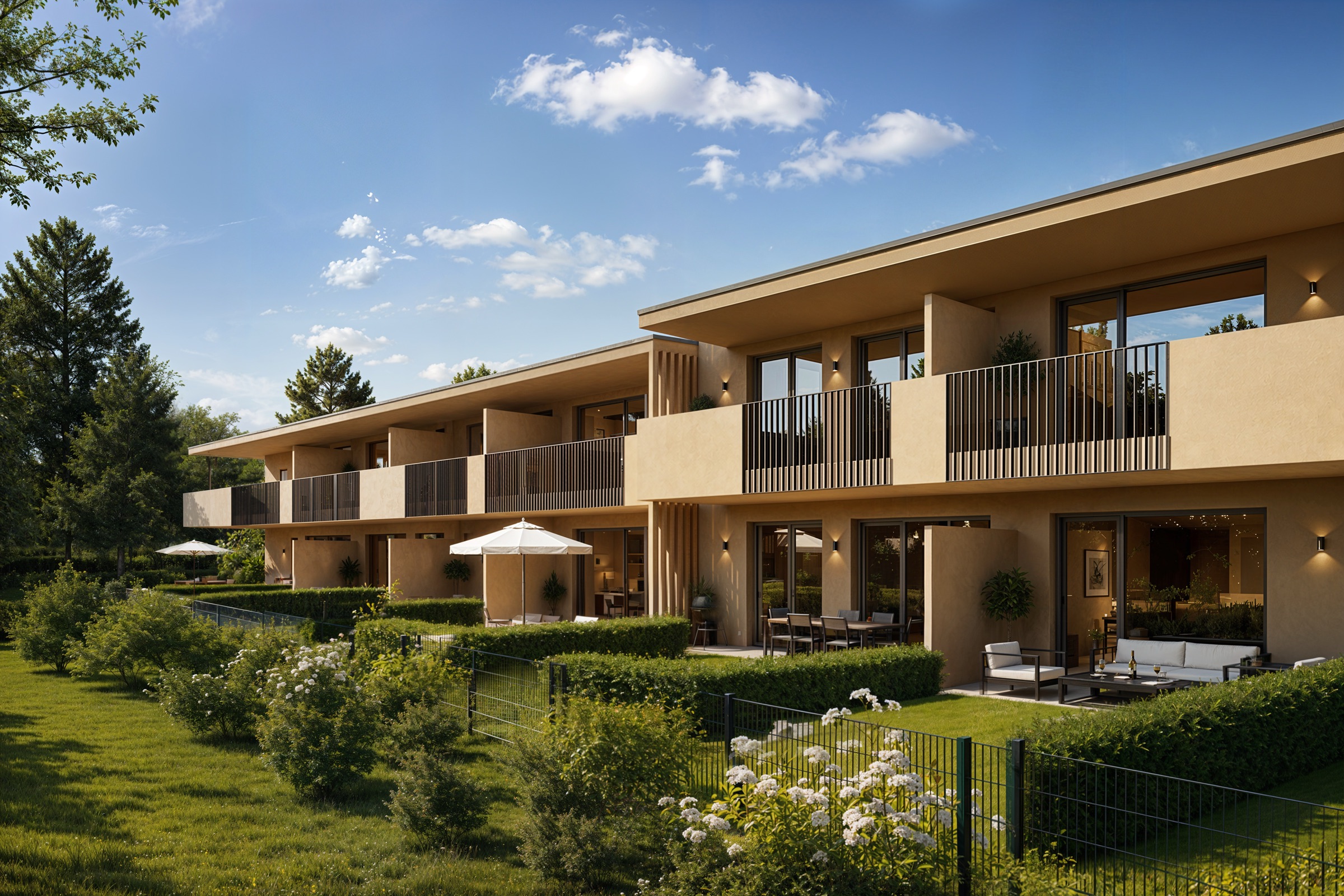 Rendering des Wohnprojekts SÜD:See bei Tageslicht: Wohngebäude mit Balkonen und Terrassen mit Sitzgruppen, davor Hecke und Zaun