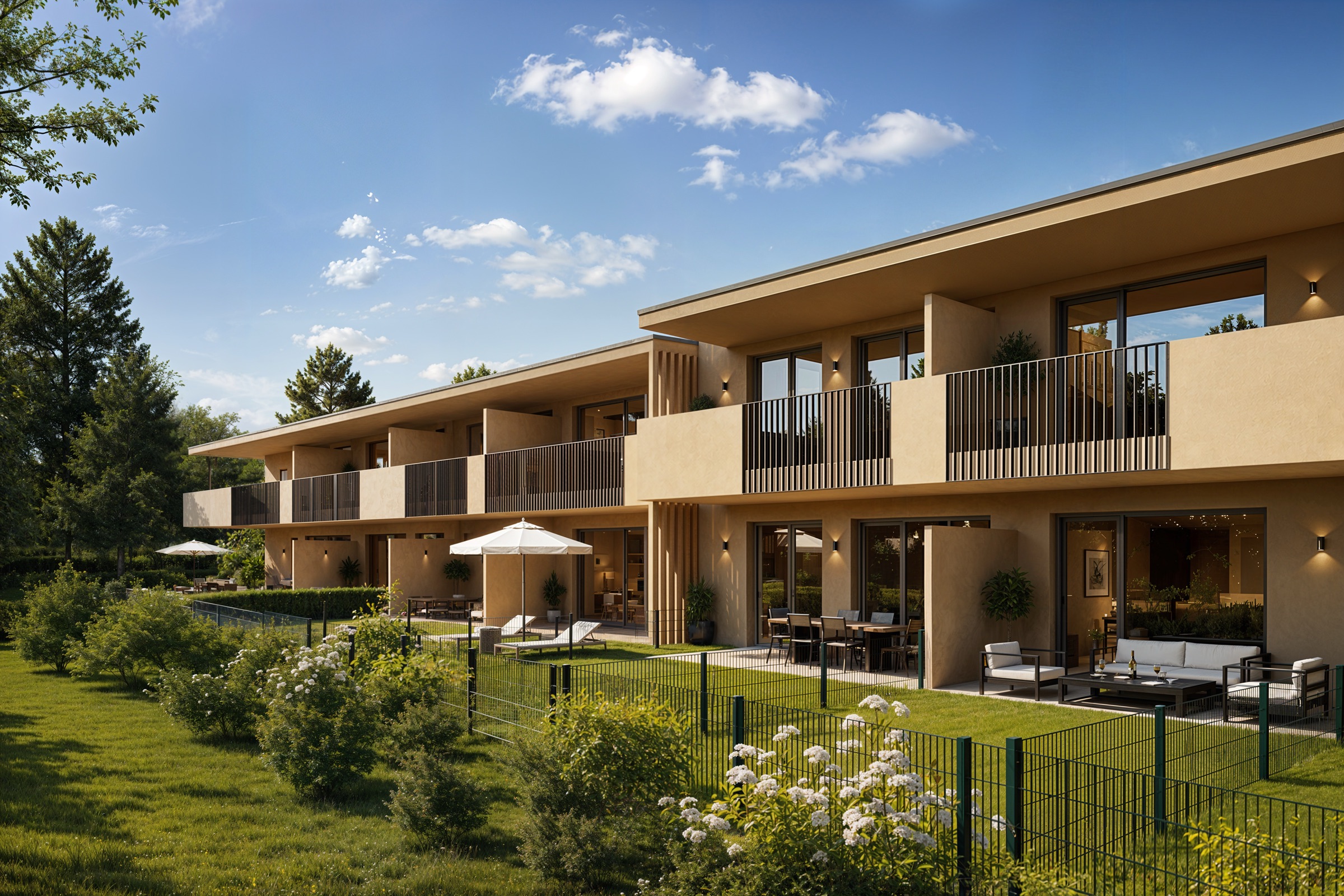 Rendering des Wohngebäudes SÜD:See von der Rasenfläche aus: Terrasse, darüber Balkone mit Geländer
