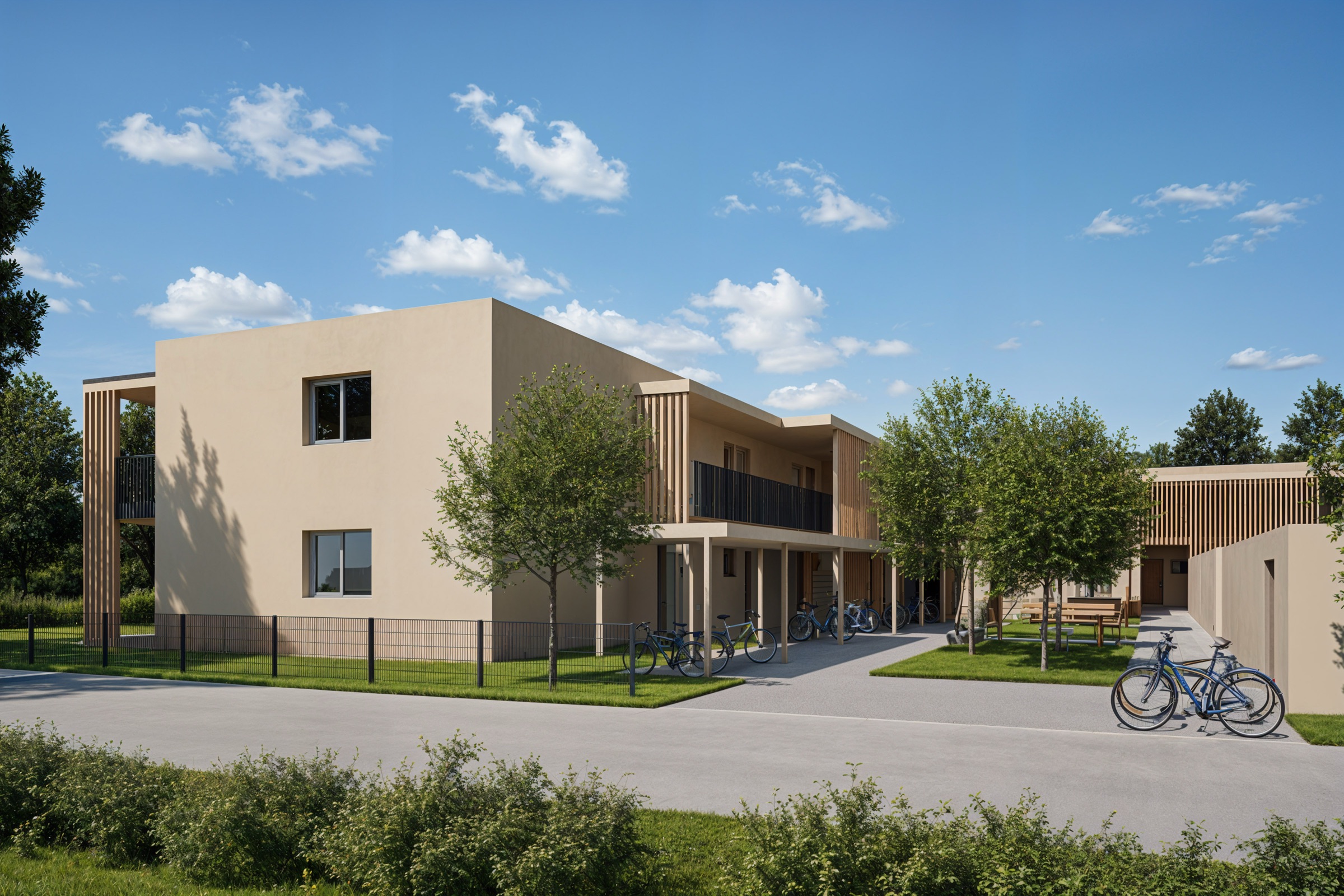 Rendering des Innenhofs mit vertikalen Holzlamellen an der Fassade, Balkonen, Fahrradabstellplätzen und einer Sitzgruppe zwischen Bäumen