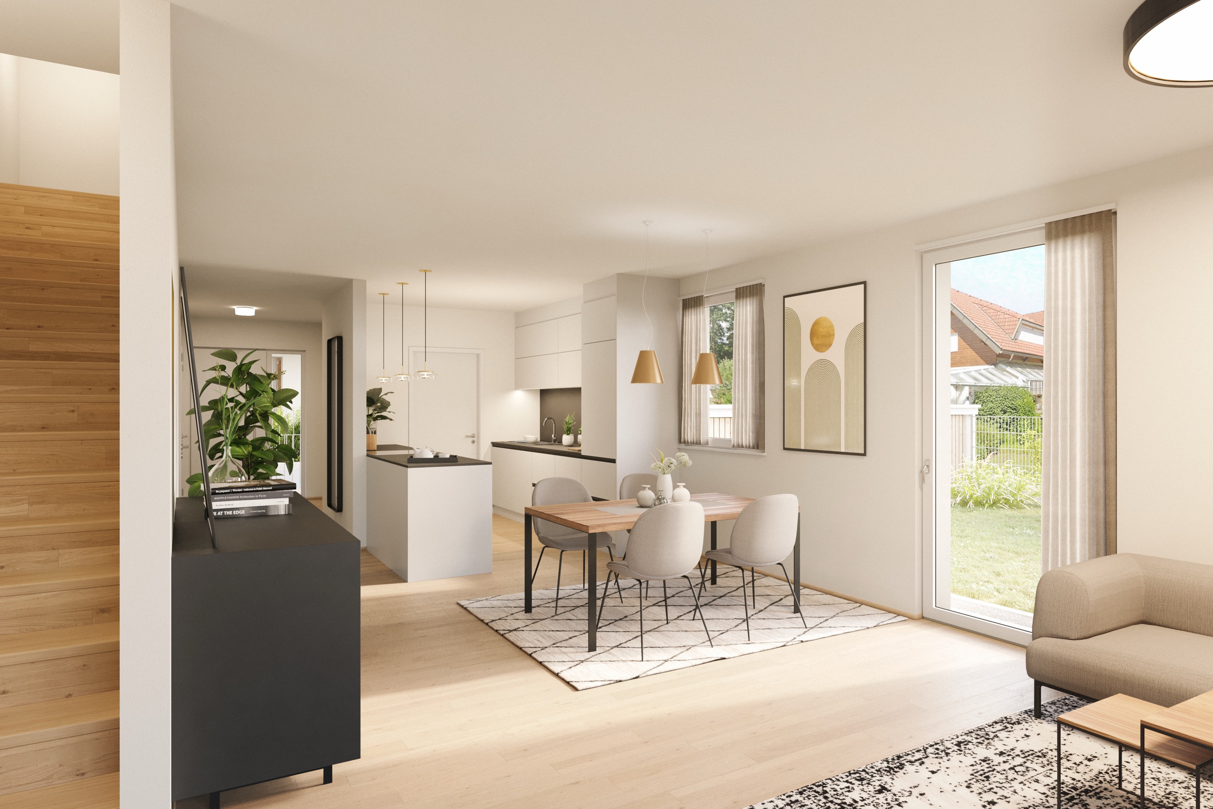 Rendering eines offenen Wohnbereichs mit Holztreppe, Kücheninsel im Hintergrund, Esstisch mit vier Stühlen und Terrassentür zum Garten