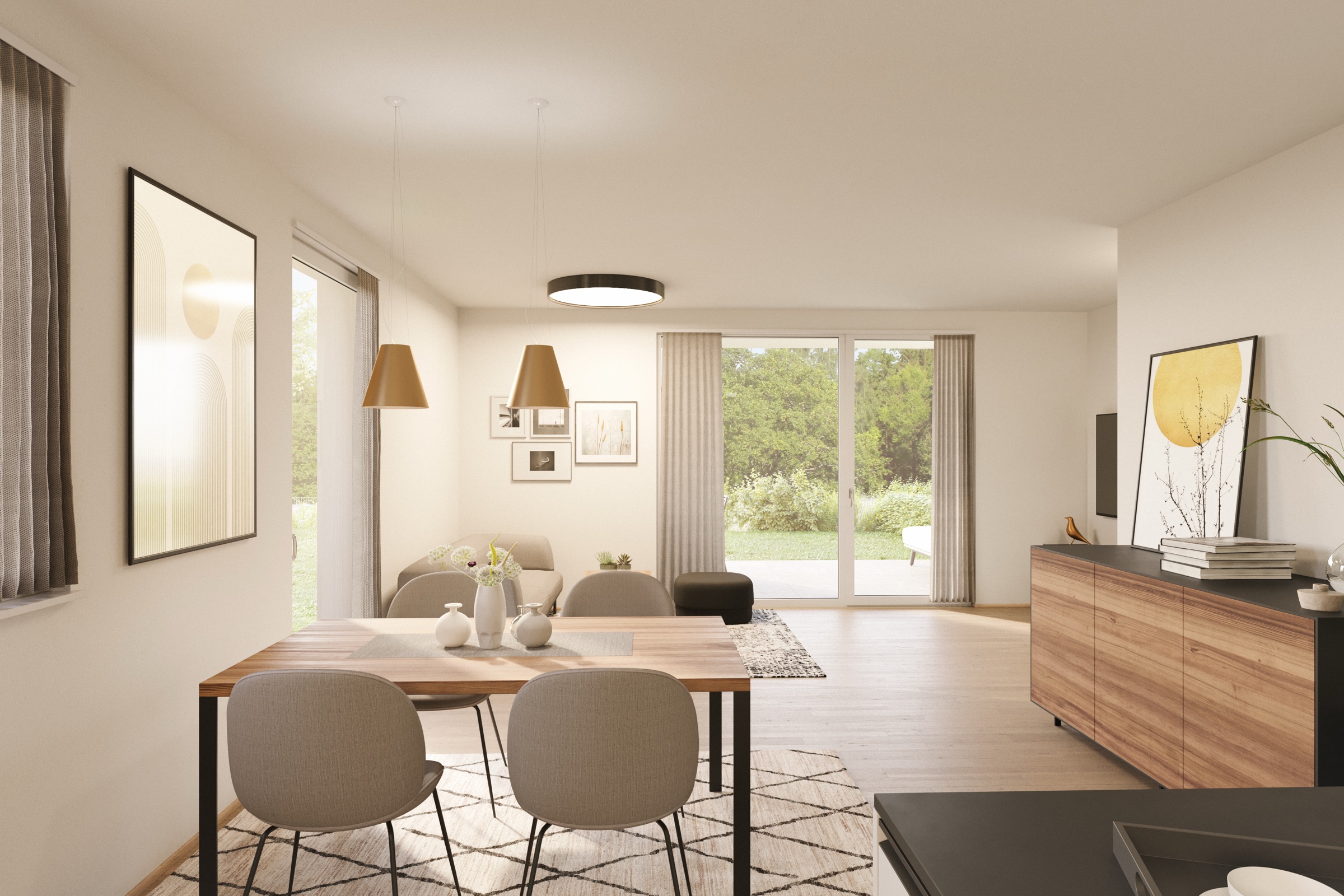 Rendering eines Wohn- und Essbereichs in SÜD:See mit Esstisch im Vordergrund, Sofaecke, Sideboard mit Fernseher und Terrassentür zum Garten