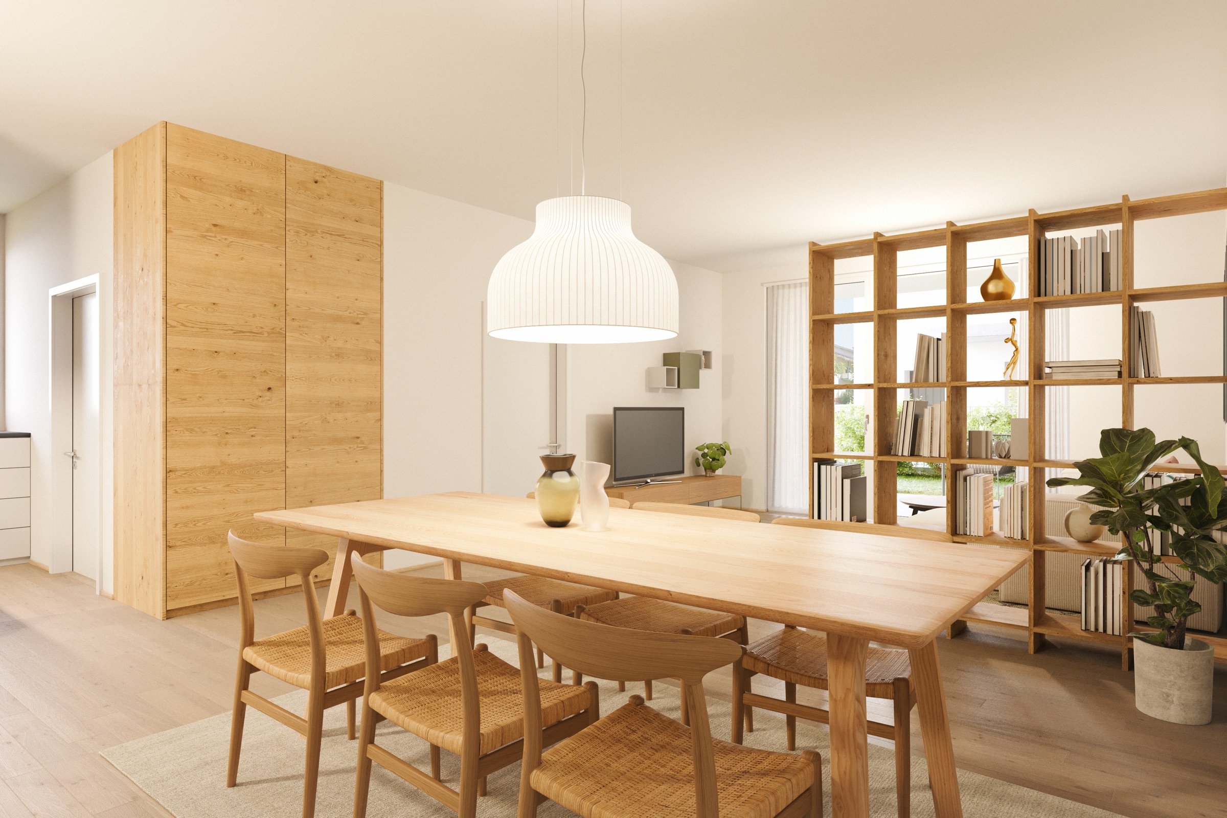 Rendering eines Essbereichs mit langem Holztisch, sechs Stühlen, Pendelleuchte und offenem Bücherregal als Raumteiler zum Wohnbereich