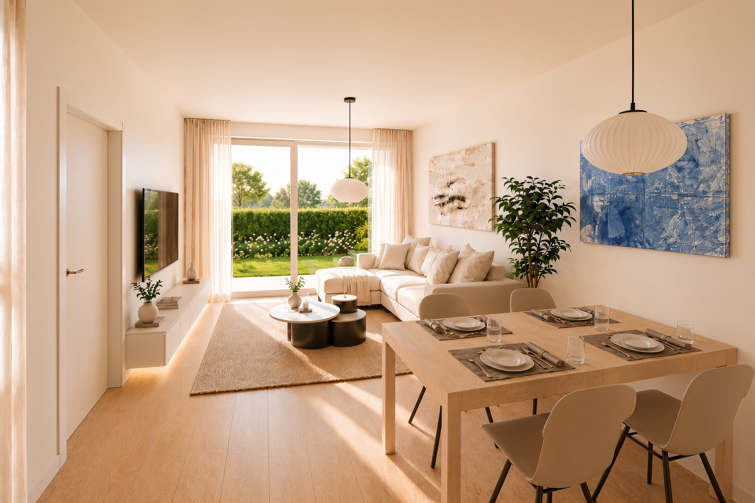 Rendering eines Wohnzimmers mit Eckcouch, Couchtischen, Wandfernseher und gedecktem Esstisch mit vier Stühlen vor der Terrassentür